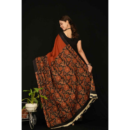 Isadora Life Womens Floral Printed Rust Pre-Draped Saree With Unstitched Blouse