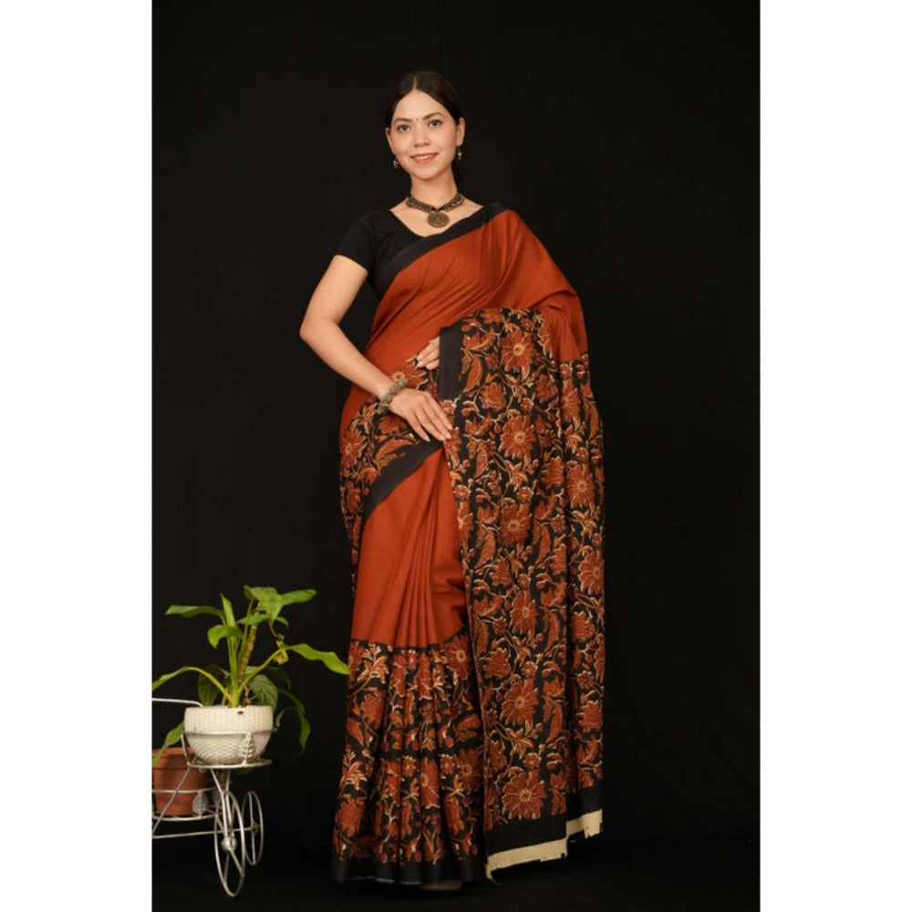 Isadora Life Womens Floral Printed Rust Pre-Draped Saree With Unstitched Blouse