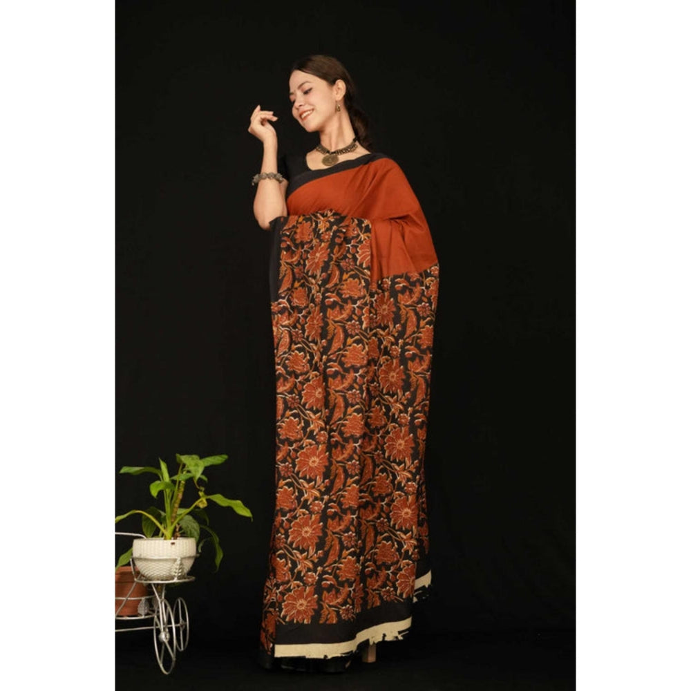 Isadora Life Womens Floral Printed Rust Pre-Draped Saree With Unstitched Blouse