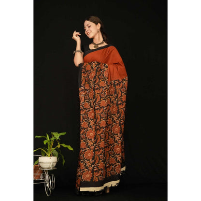 Isadora Life Womens Floral Printed Rust Pre-Draped Saree With Unstitched Blouse