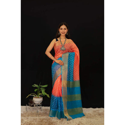 Isadora Life Womens Zari Printed Orange Pre-Draped Saree With Unstitched Blouse