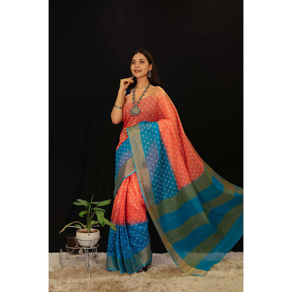 Isadora Life Womens Zari Printed Orange Pre-Draped Saree With Unstitched Blouse