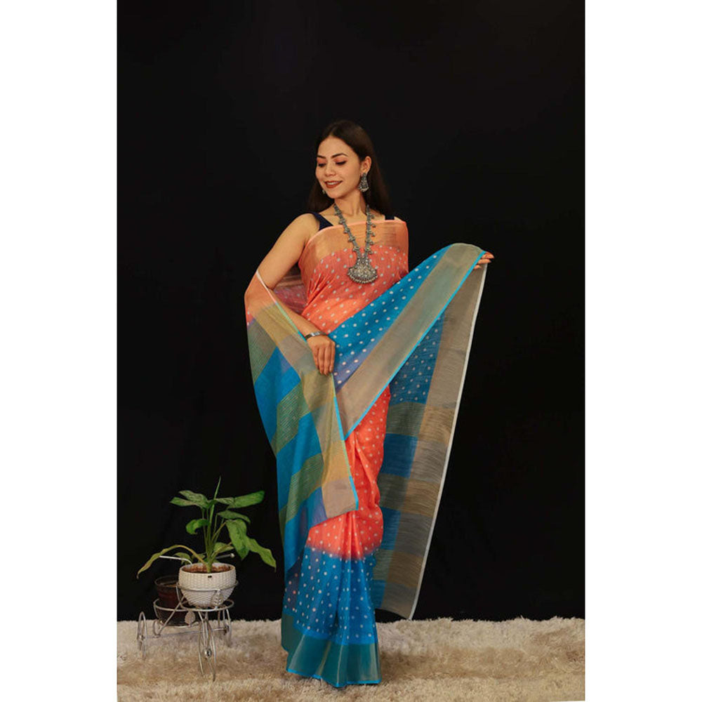 Isadora Life Womens Zari Printed Orange Pre-Draped Saree With Unstitched Blouse