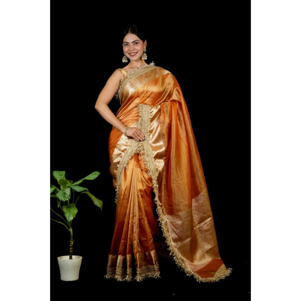 Isadora Life Womens Woven Lace Work Orange Pre-Draped Saree With Unstitched Blouse