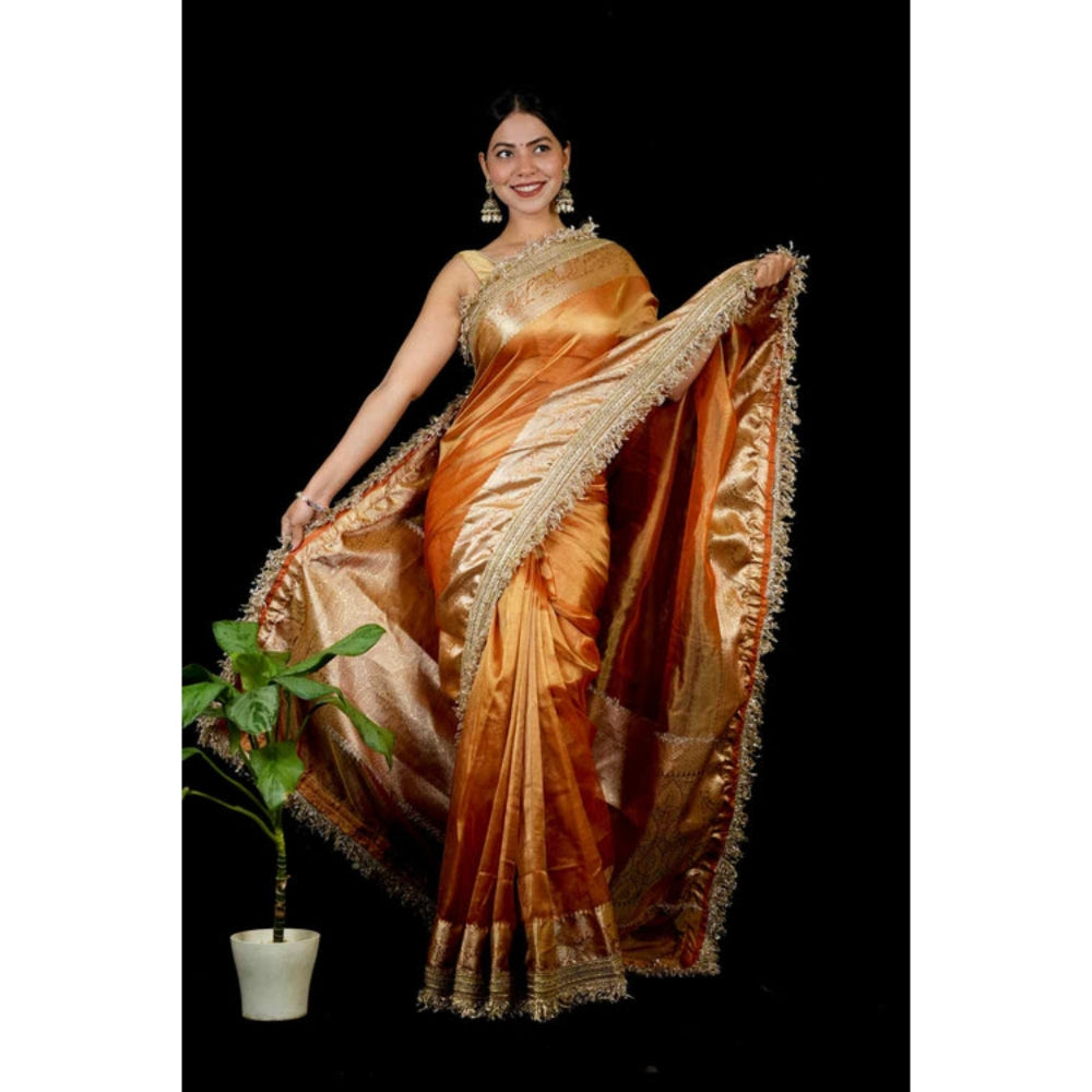 Isadora Life Womens Woven Lace Work Orange Pre-Draped Saree With Unstitched Blouse