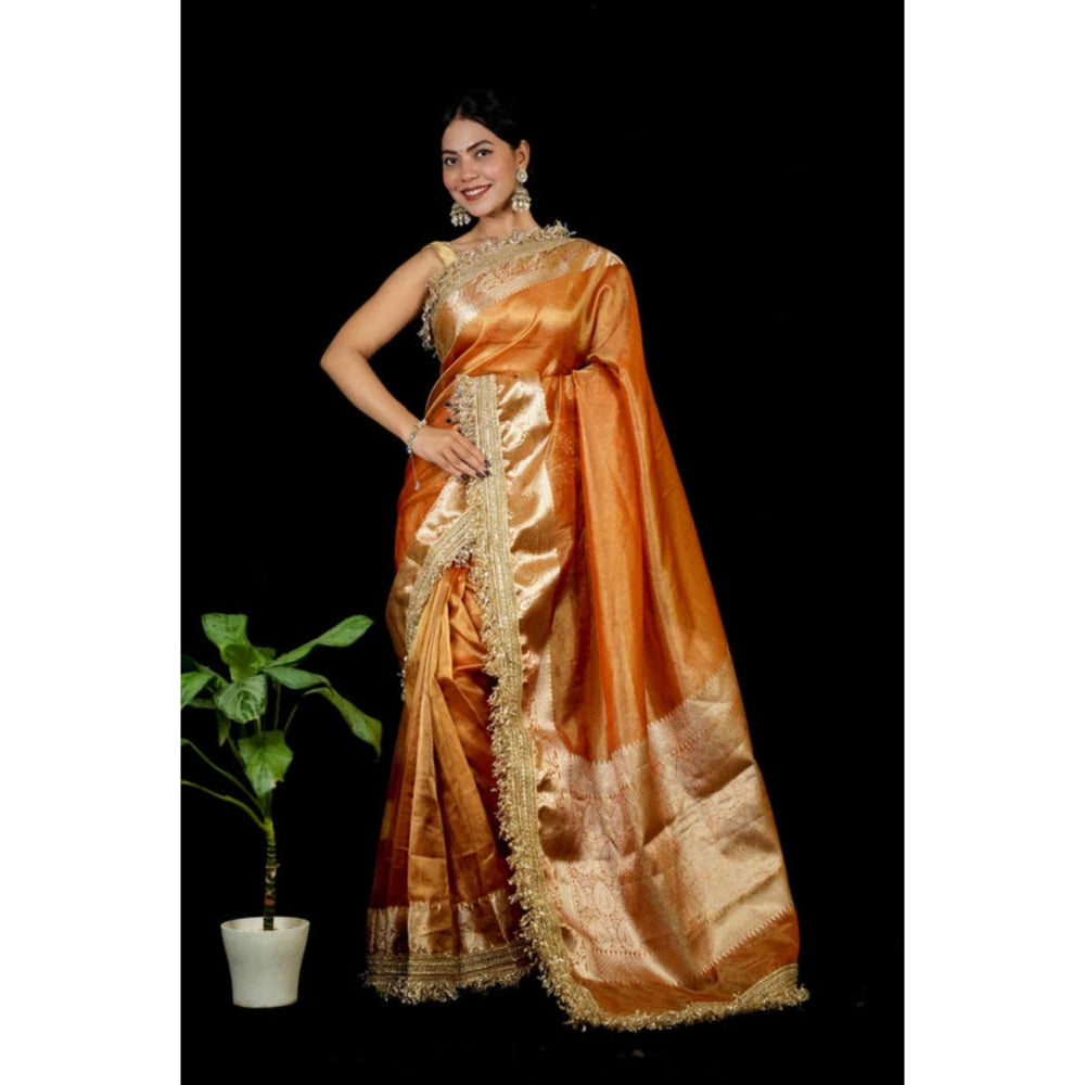 Isadora Life Womens Woven Lace Work Orange Pre-Draped Saree With Unstitched Blouse