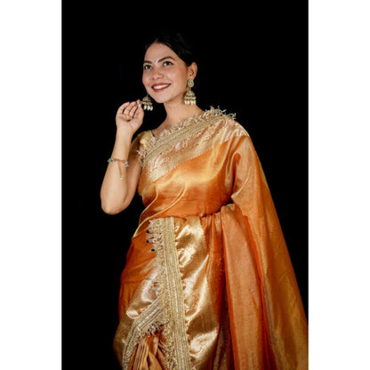 Isadora Life Womens Woven Lace Work Orange Pre-Draped Saree With Unstitched Blouse