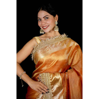 Isadora Life Womens Woven Lace Work Orange Pre-Draped Saree With Unstitched Blouse