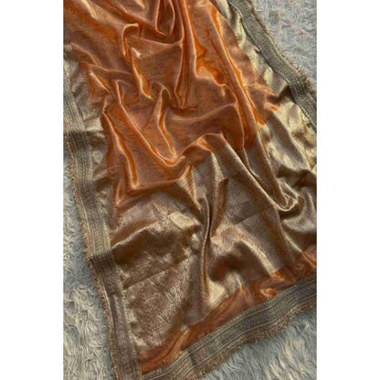 Isadora Life Womens Woven Lace Work Orange Pre-Draped Saree With Unstitched Blouse