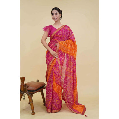Isadora Life Womens Bandhani Printed Pink Pre-Draped Saree With Unstitched Blouse