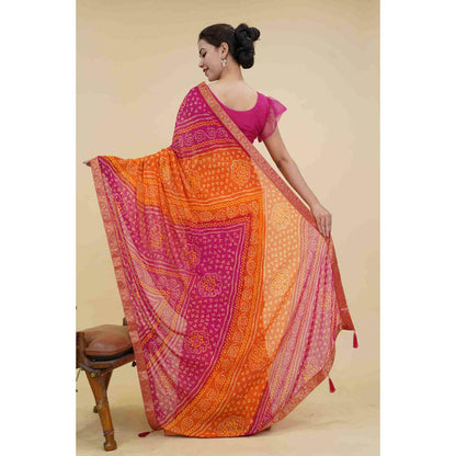 Isadora Life Womens Bandhani Printed Pink Pre-Draped Saree With Unstitched Blouse