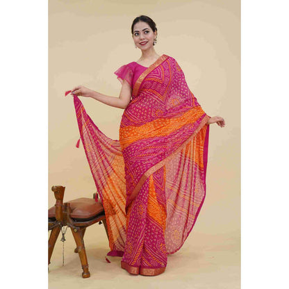 Isadora Life Womens Bandhani Printed Pink Pre-Draped Saree With Unstitched Blouse