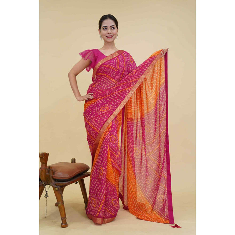 Isadora Life Womens Bandhani Printed Pink Pre-Draped Saree With Unstitched Blouse