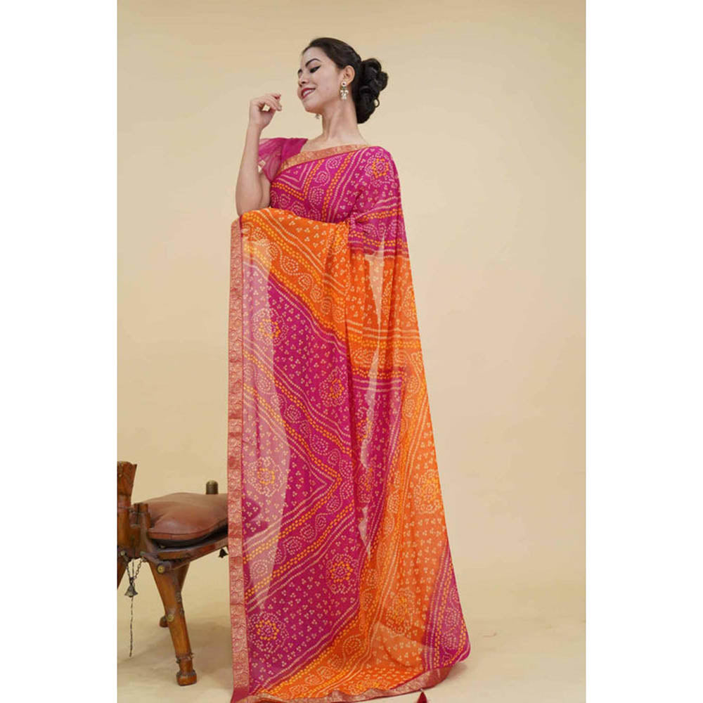 Isadora Life Womens Bandhani Printed Pink Pre-Draped Saree With Unstitched Blouse