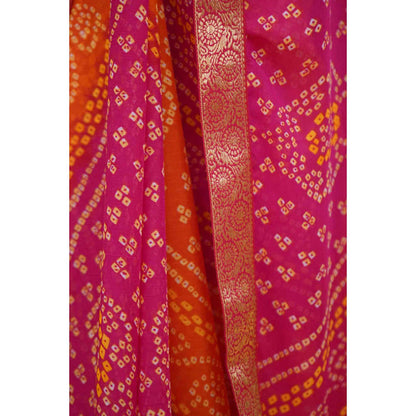 Isadora Life Womens Bandhani Printed Pink Pre-Draped Saree With Unstitched Blouse