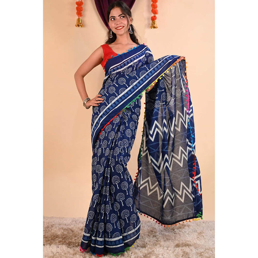 Isadora Life Womens Printed Tassels Blue Pre-Draped Saree With Unstitched Blouse