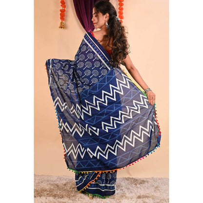 Isadora Life Womens Printed Tassels Blue Pre-Draped Saree With Unstitched Blouse