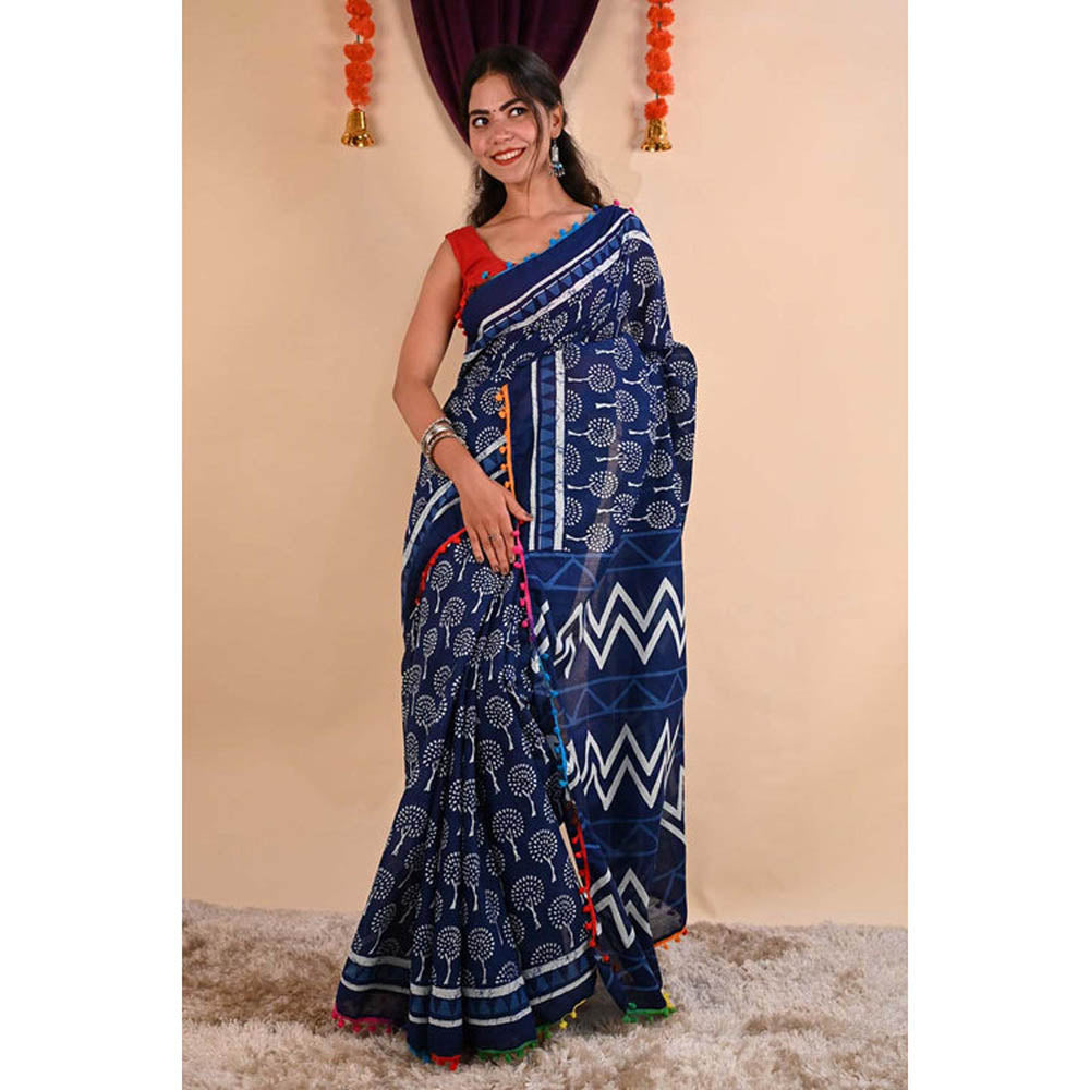 Isadora Life Womens Printed Tassels Blue Pre-Draped Saree With Unstitched Blouse