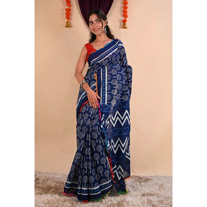Isadora Life Womens Printed Tassels Blue Pre-Draped Saree With Unstitched Blouse