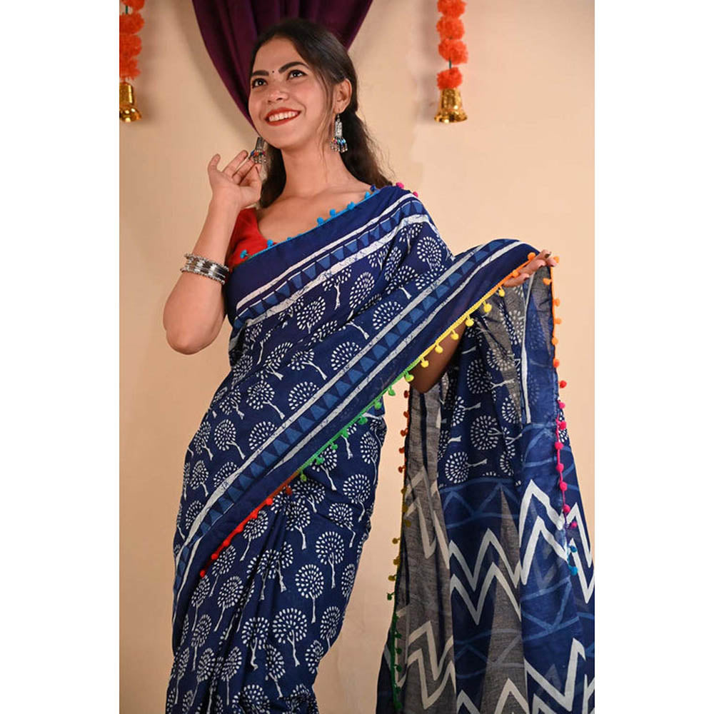 Isadora Life Womens Printed Tassels Blue Pre-Draped Saree With Unstitched Blouse