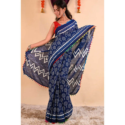 Isadora Life Womens Printed Tassels Blue Pre-Draped Saree With Unstitched Blouse