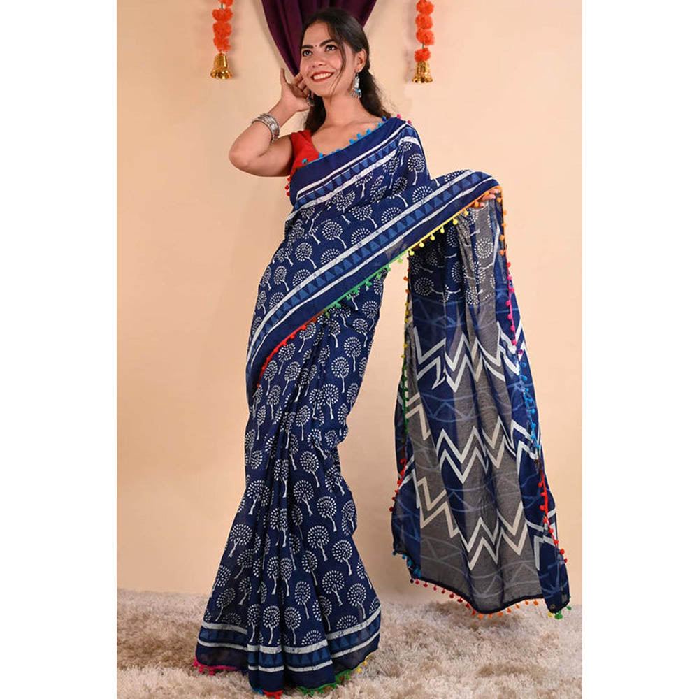 Isadora Life Womens Printed Tassels Blue Pre-Draped Saree With Unstitched Blouse