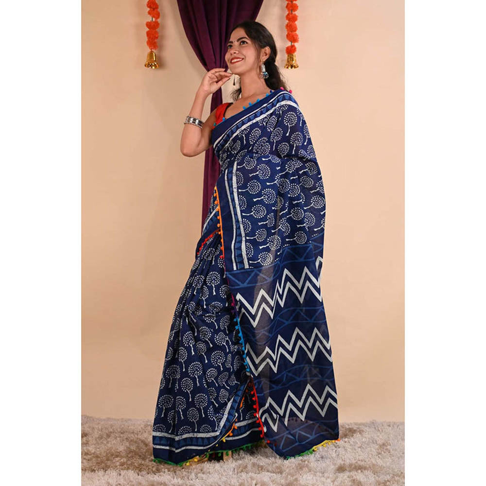 Isadora Life Womens Printed Tassels Blue Pre-Draped Saree With Unstitched Blouse