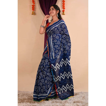 Isadora Life Womens Printed Tassels Blue Pre-Draped Saree With Unstitched Blouse