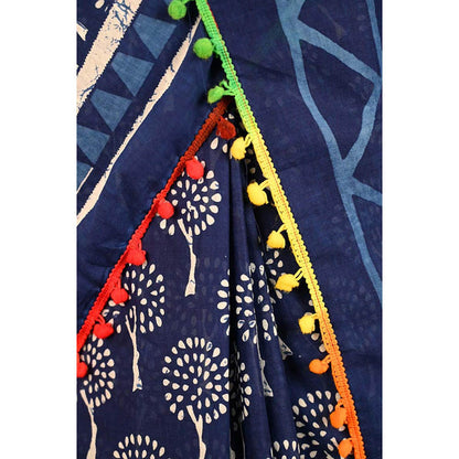 Isadora Life Womens Printed Tassels Blue Pre-Draped Saree With Unstitched Blouse