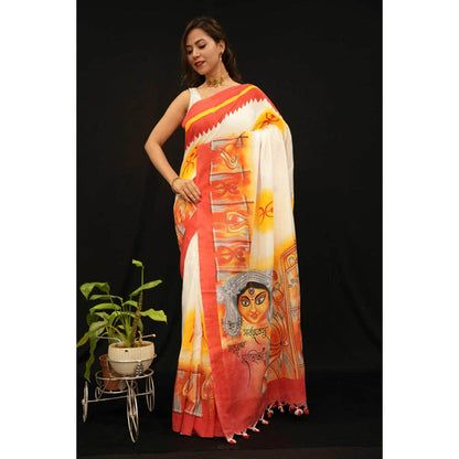 Isadora Life Womens Printed Tassels Multi-Color Pre-Draped Saree With Unstitched Blouse