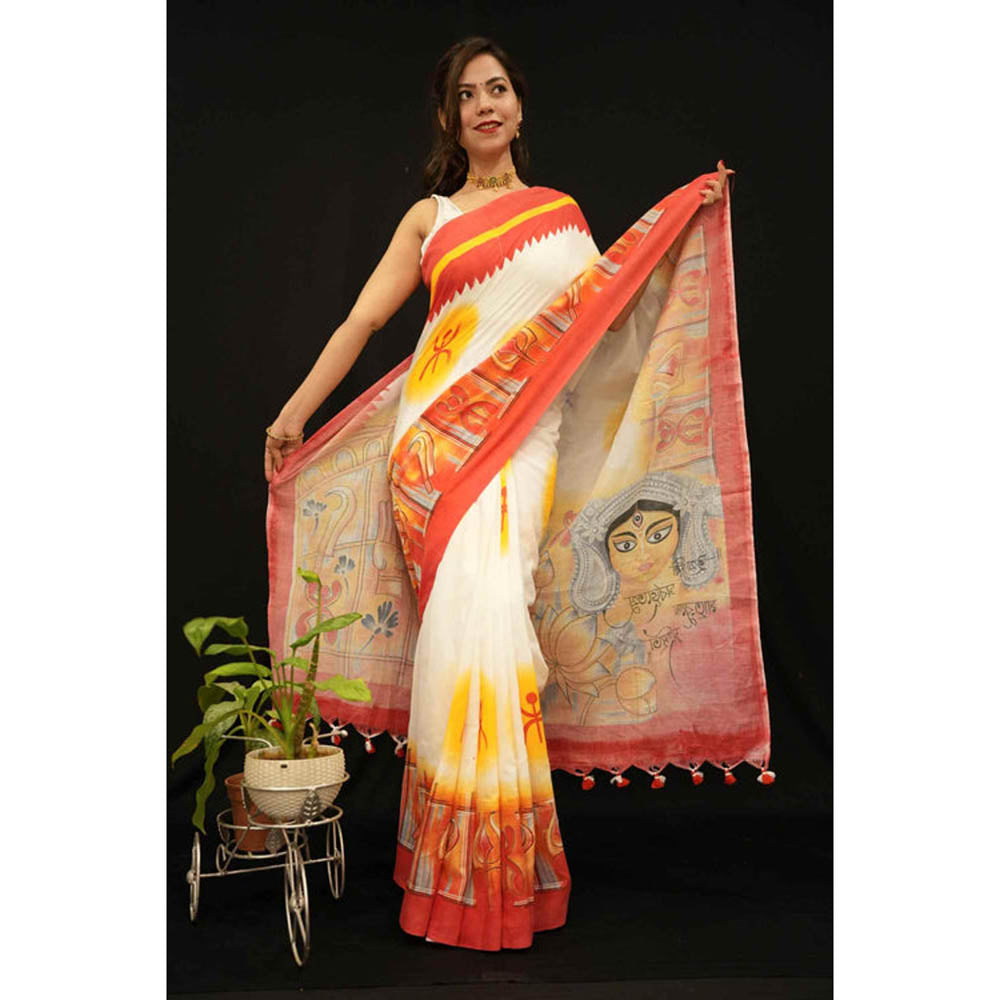Isadora Life Womens Printed Tassels Multi-Color Pre-Draped Saree With Unstitched Blouse