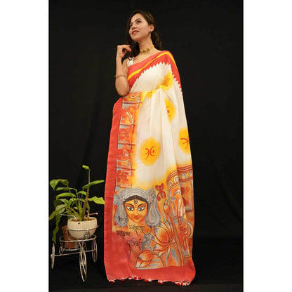 Isadora Life Womens Printed Tassels Multi-Color Pre-Draped Saree With Unstitched Blouse