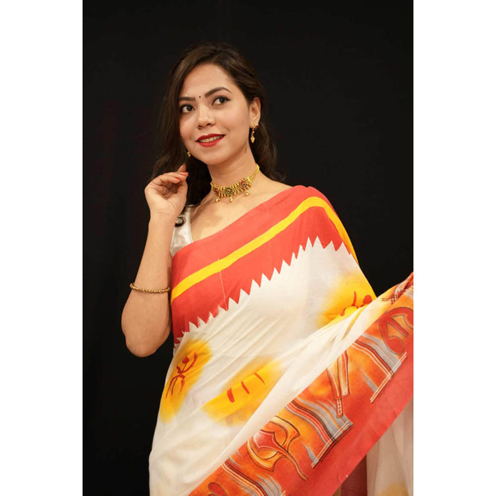 Isadora Life Womens Printed Tassels Multi-Color Pre-Draped Saree With Unstitched Blouse