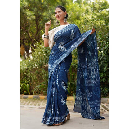 Isadora Life Womens Hand Block Printed Blue Pre-Draped Saree With Unstitched Blouse