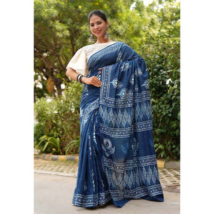 Isadora Life Womens Hand Block Printed Blue Pre-Draped Saree With Unstitched Blouse