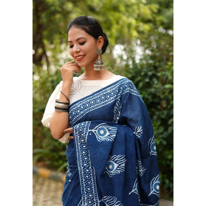 Isadora Life Womens Hand Block Printed Blue Pre-Draped Saree With Unstitched Blouse