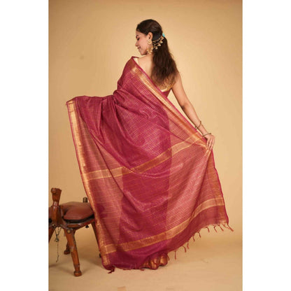 Isadora Life Womens Checks Zari Pink Pre-Draped Saree With Unstitched Blouse