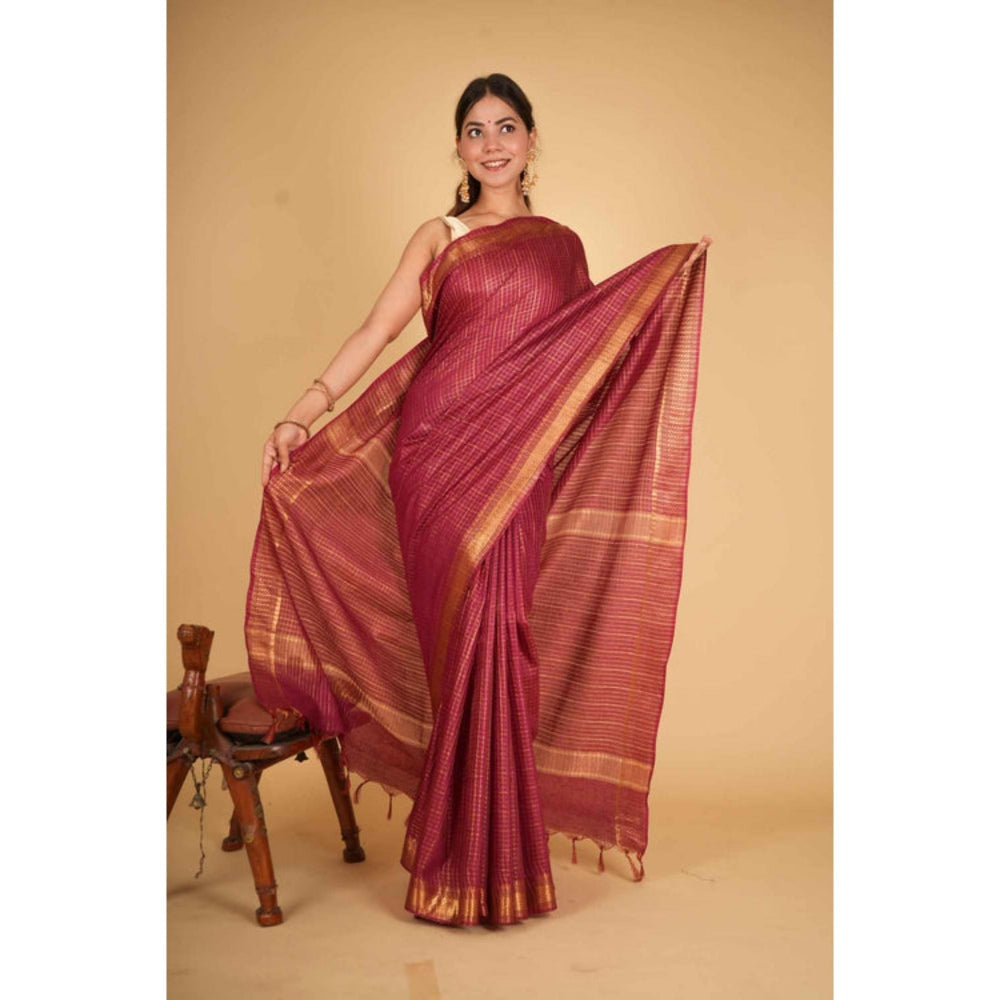 Isadora Life Womens Checks Zari Pink Pre-Draped Saree With Unstitched Blouse