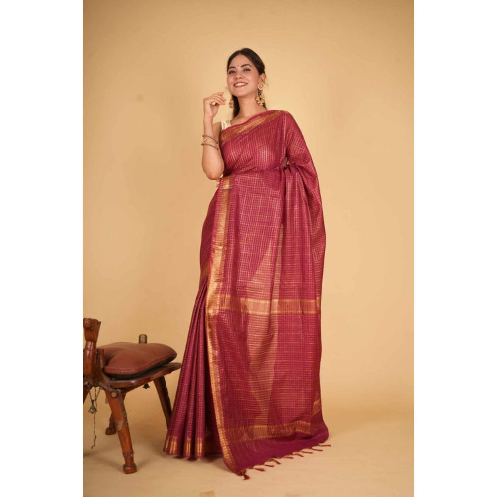 Isadora Life Womens Checks Zari Pink Pre-Draped Saree With Unstitched Blouse
