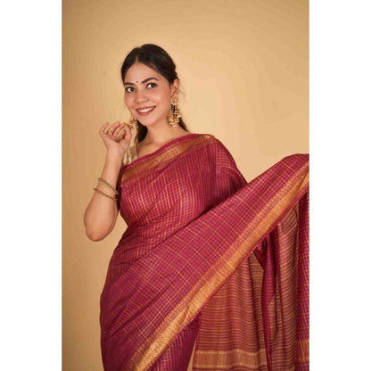 Isadora Life Womens Checks Zari Pink Pre-Draped Saree With Unstitched Blouse