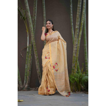Isadora Life Womens Embroidered Sequined Beige Pre-Draped Saree With Unstitched Blouse