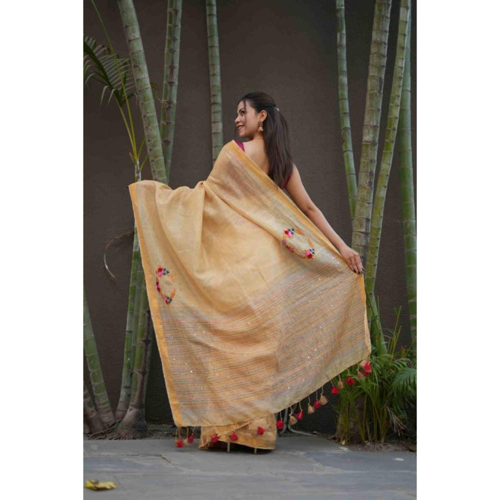Isadora Life Womens Embroidered Sequined Beige Pre-Draped Saree With Unstitched Blouse