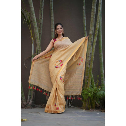 Isadora Life Womens Embroidered Sequined Beige Pre-Draped Saree With Unstitched Blouse
