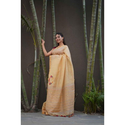 Isadora Life Womens Embroidered Sequined Beige Pre-Draped Saree With Unstitched Blouse