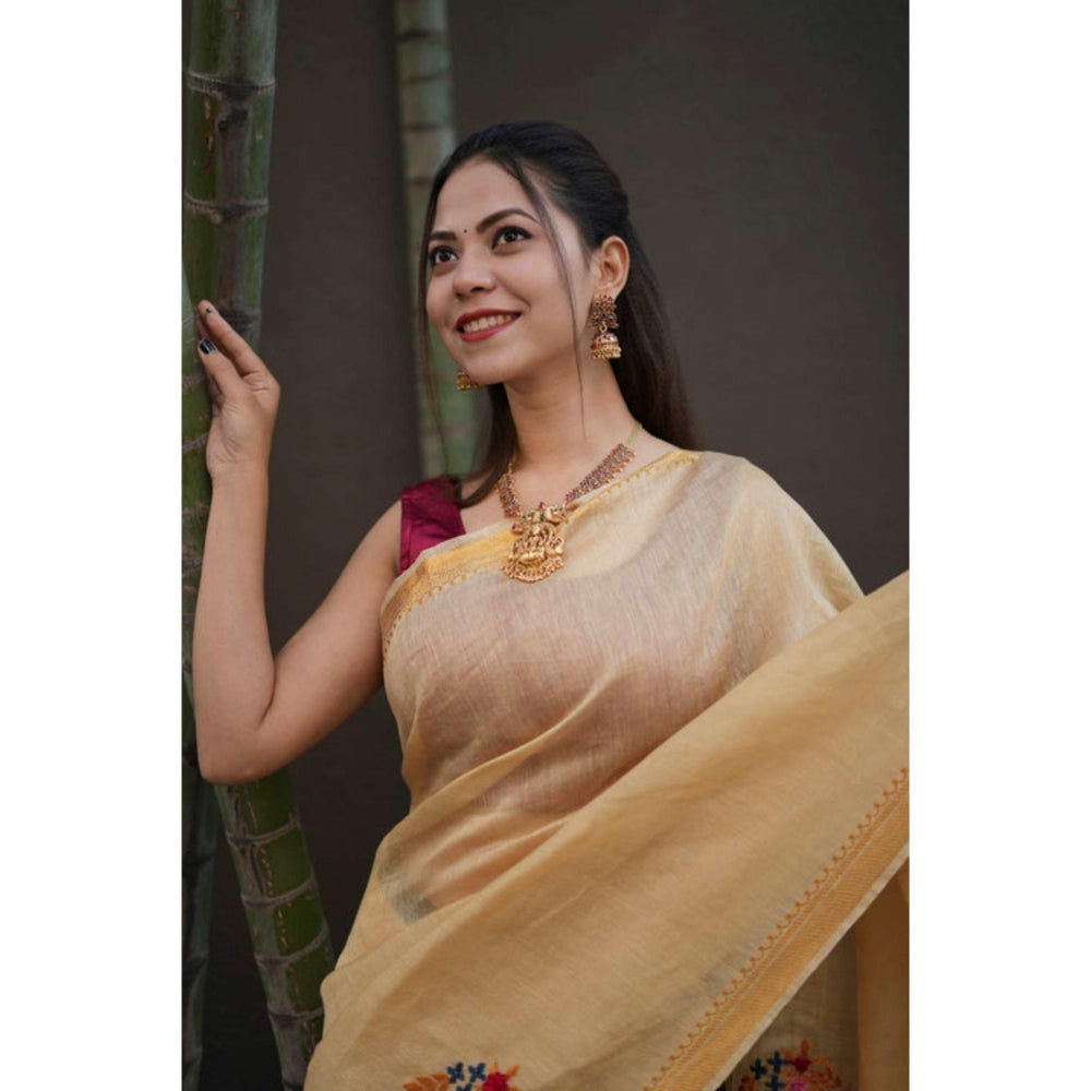 Isadora Life Womens Embroidered Sequined Beige Pre-Draped Saree With Unstitched Blouse