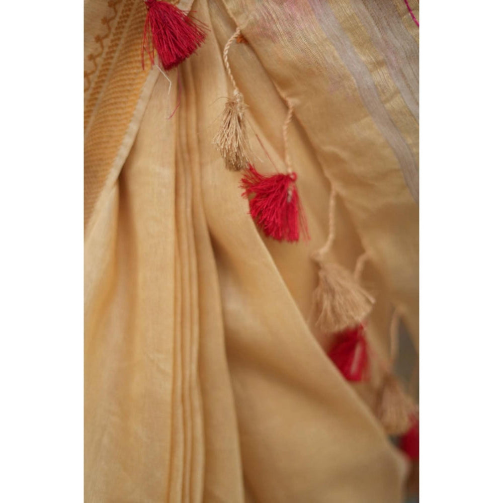 Isadora Life Womens Embroidered Sequined Beige Pre-Draped Saree With Unstitched Blouse