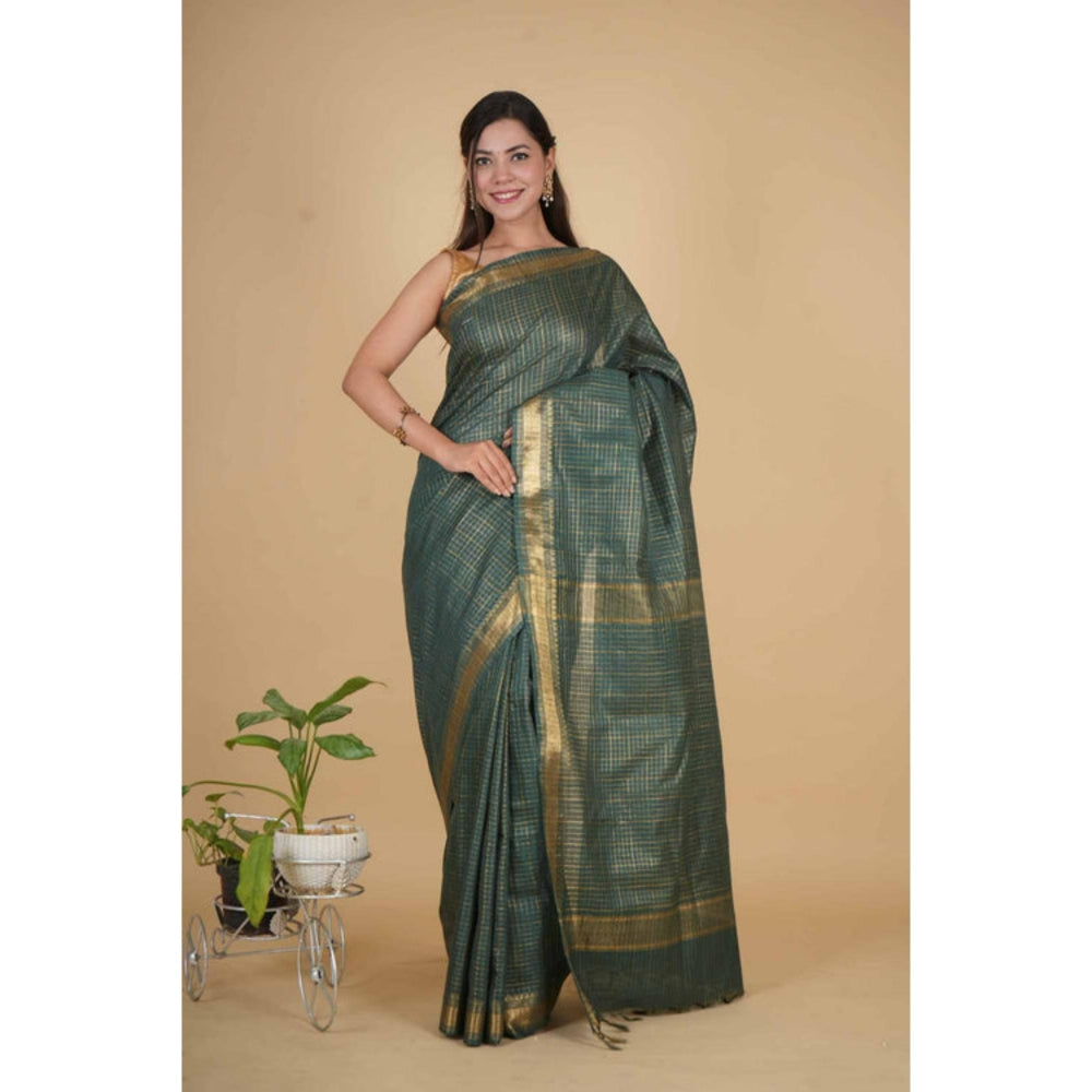 Isadora Life Womens Checks Zari Green Pre-Draped Saree With Unstitched Blouse
