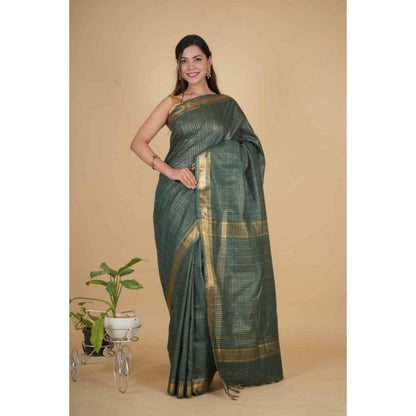 Isadora Life Womens Checks Zari Green Pre-Draped Saree With Unstitched Blouse