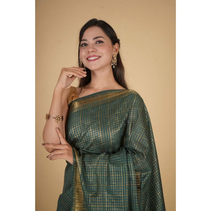 Isadora Life Womens Checks Zari Green Pre-Draped Saree With Unstitched Blouse