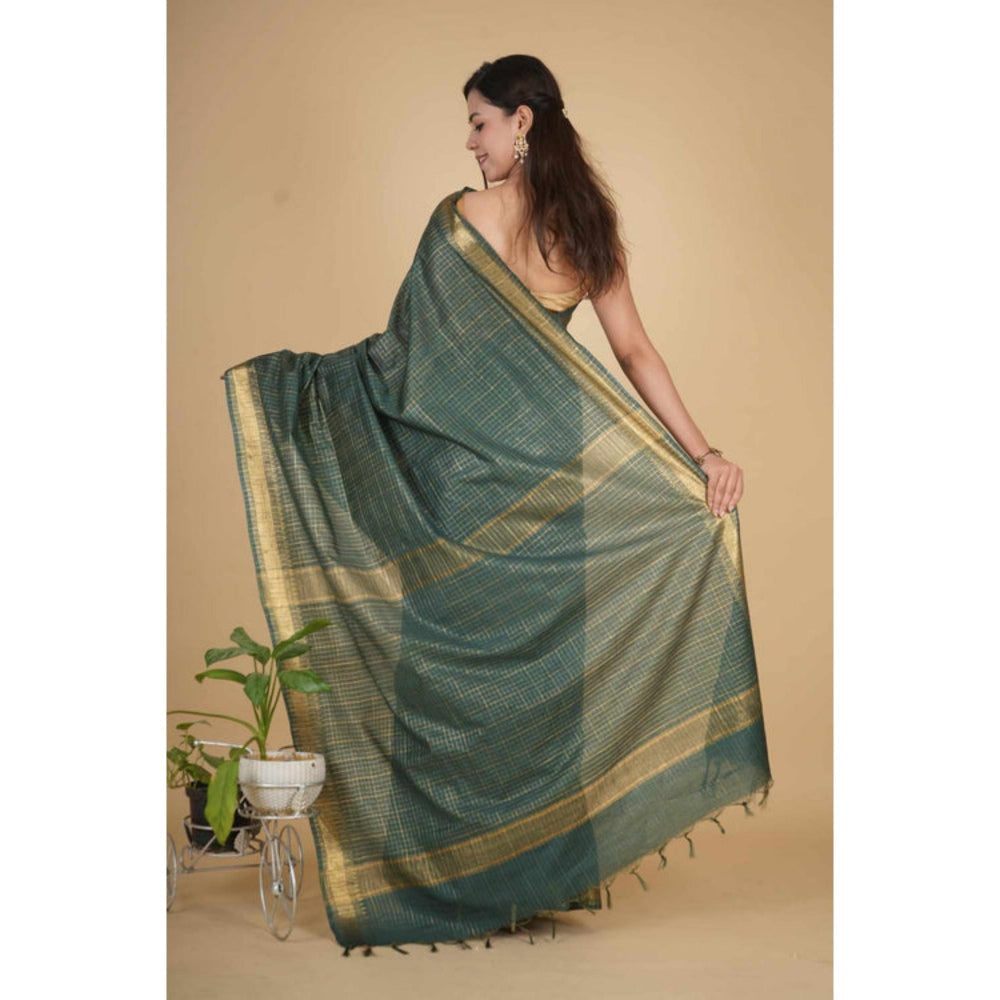 Isadora Life Womens Checks Zari Green Pre-Draped Saree With Unstitched Blouse